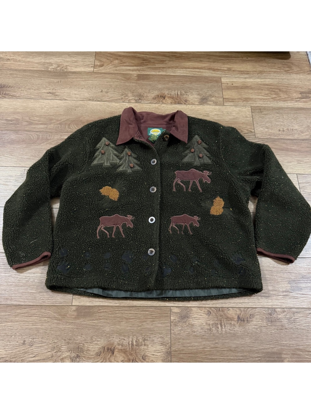 Vtg Cabela's Women L Moose Pine Tree Fleece Cabin Jacket